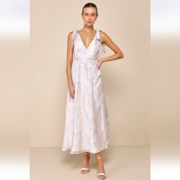 Lulus NWT Breathtaking Charm Blush and Blue Floral Tie-Strap Maxi Dress - Picture 1 of 6